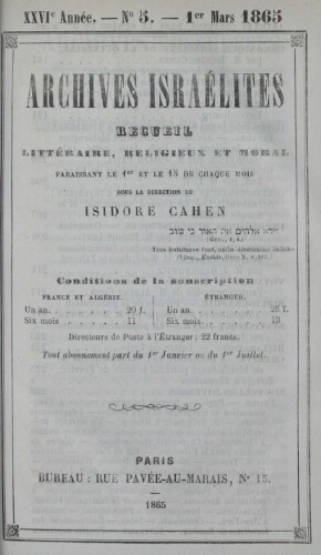 Archives israélites de France. Vol.26 N°05 (01 mars 1865)